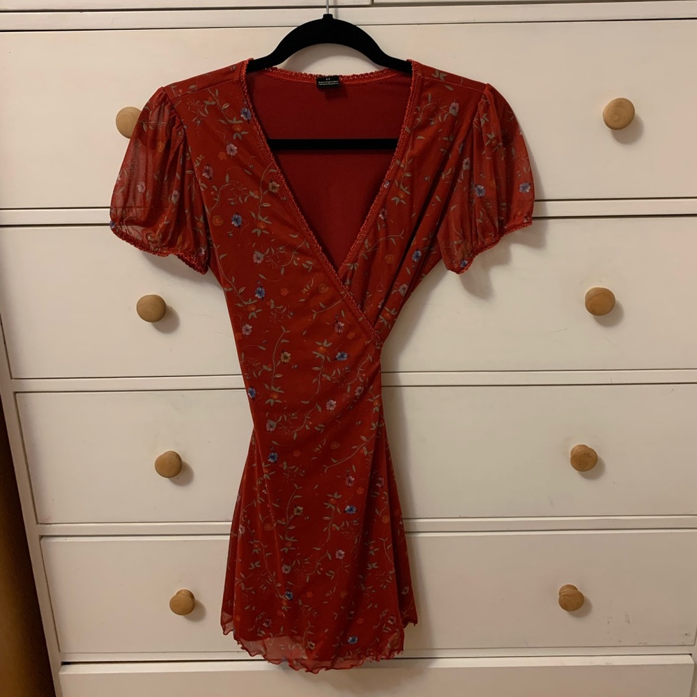 Urban Outfitters Billie Folk Floral Mesh Wrap Mini Dress